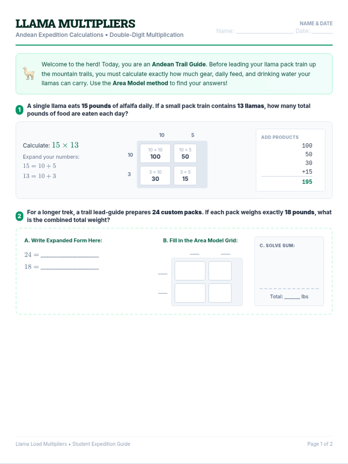 Llama Multipliers Worksheet
