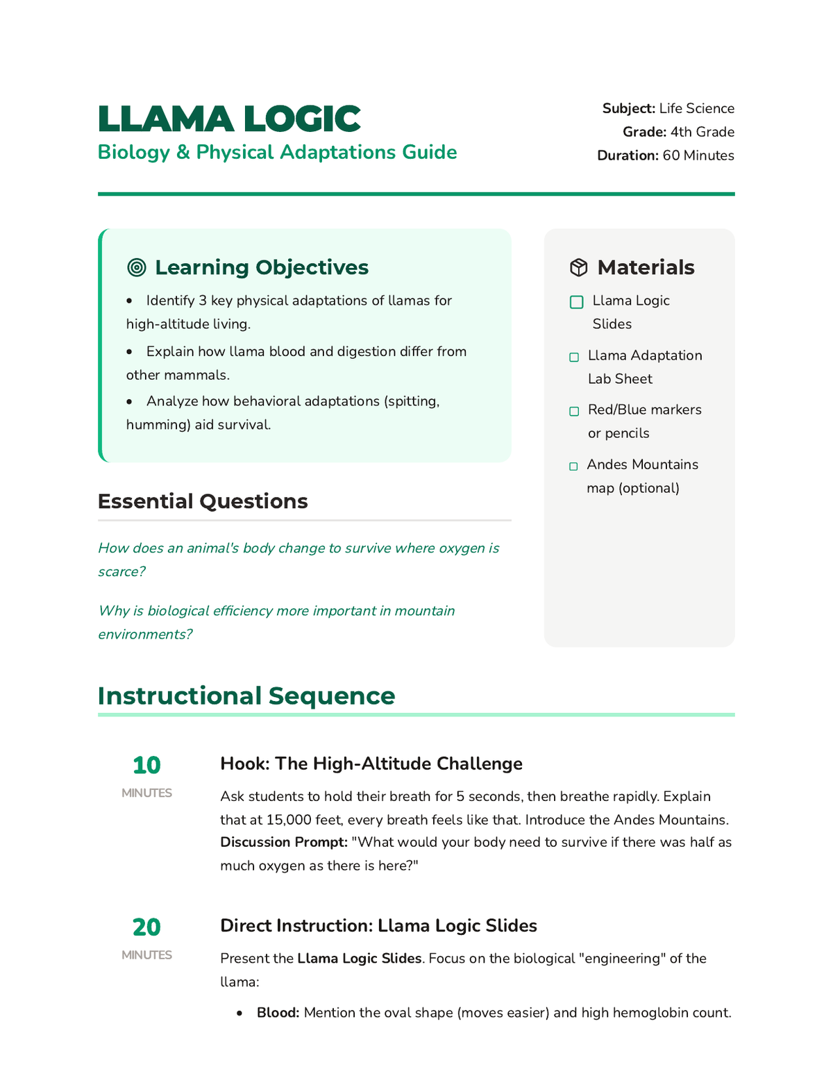Llama Logic Lesson Plan page 1