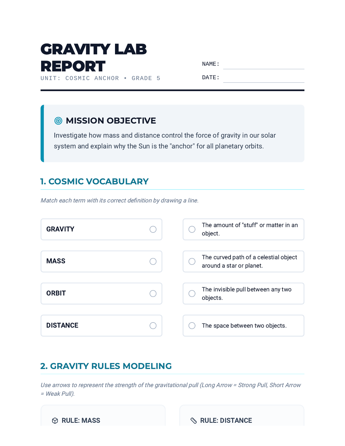 Gravity Lab Worksheet page 1