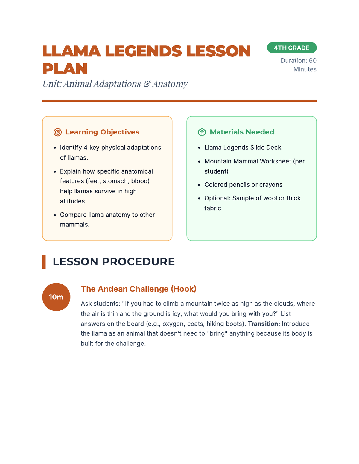Llama Legends Lesson Plan page 1