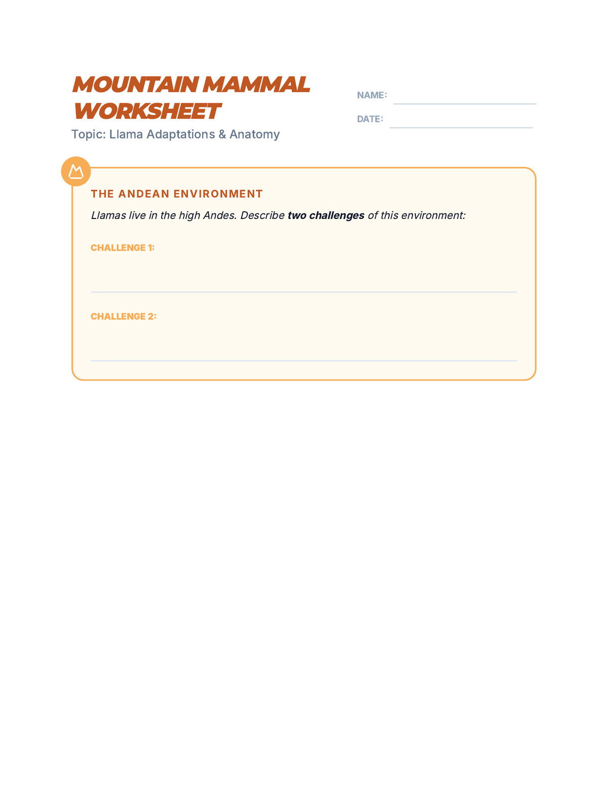 Mountain Mammal Worksheet page 1