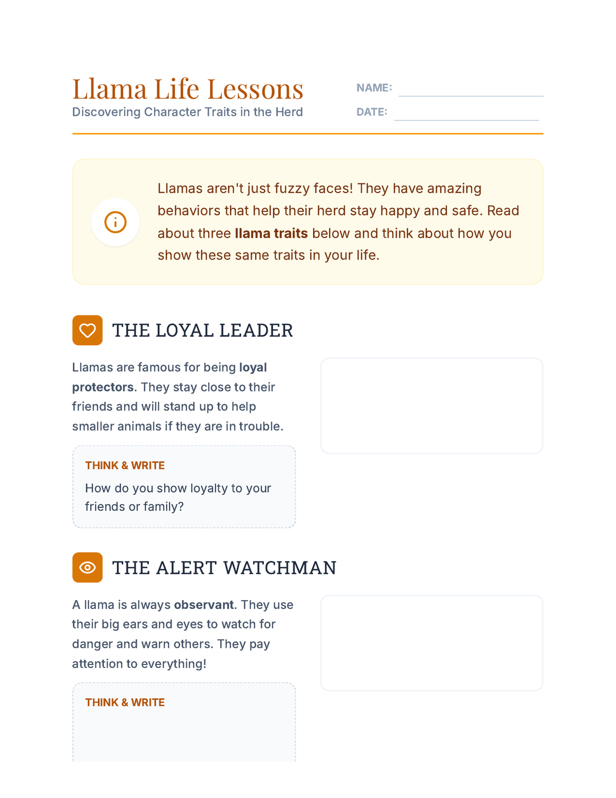 Llama Life Lessons Worksheet page 1