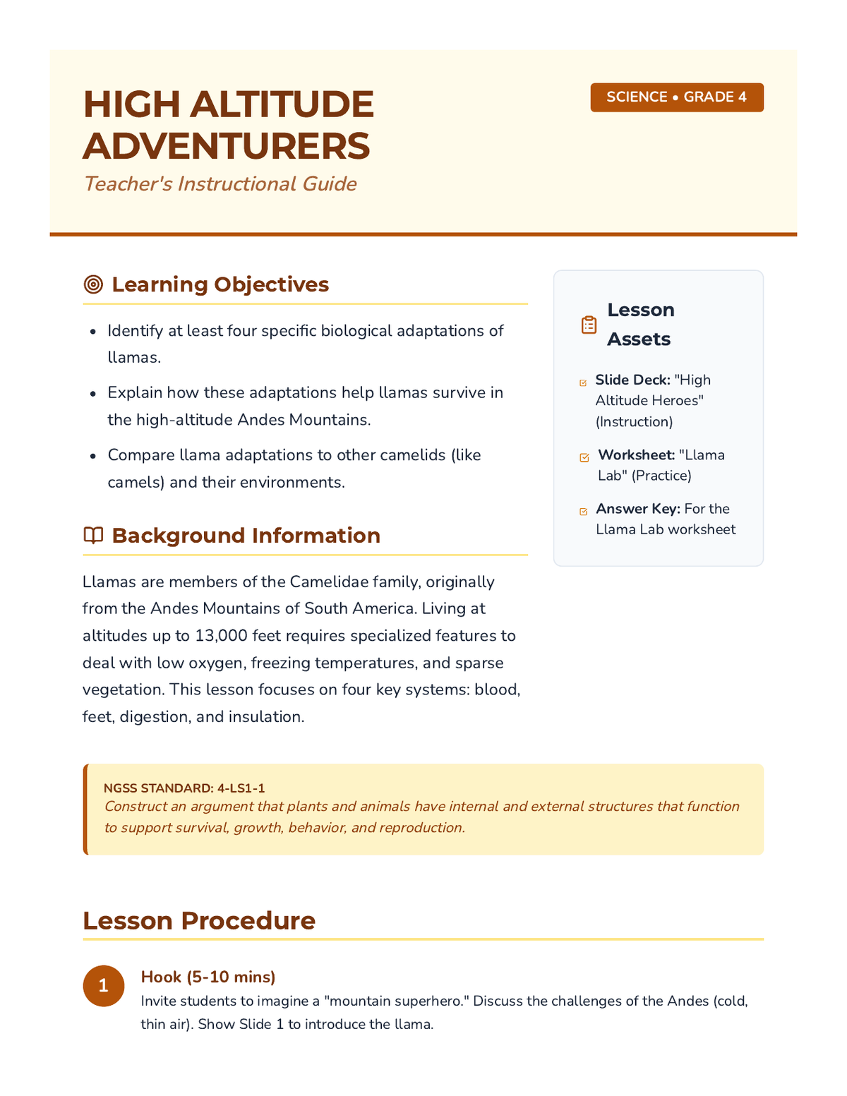 Llama Legends Teacher Guide page 1