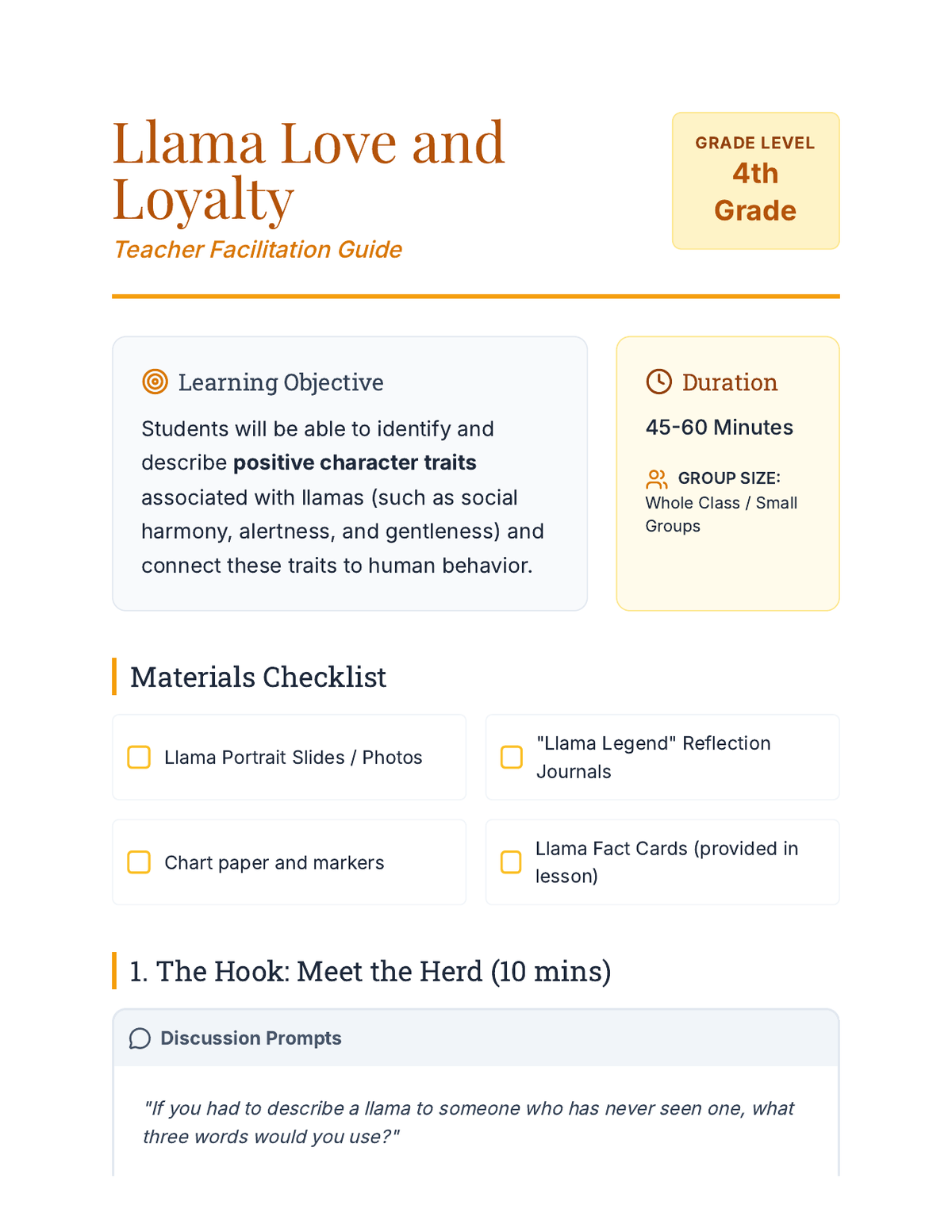 Llama Lesson Plan Teacher Guide page 1