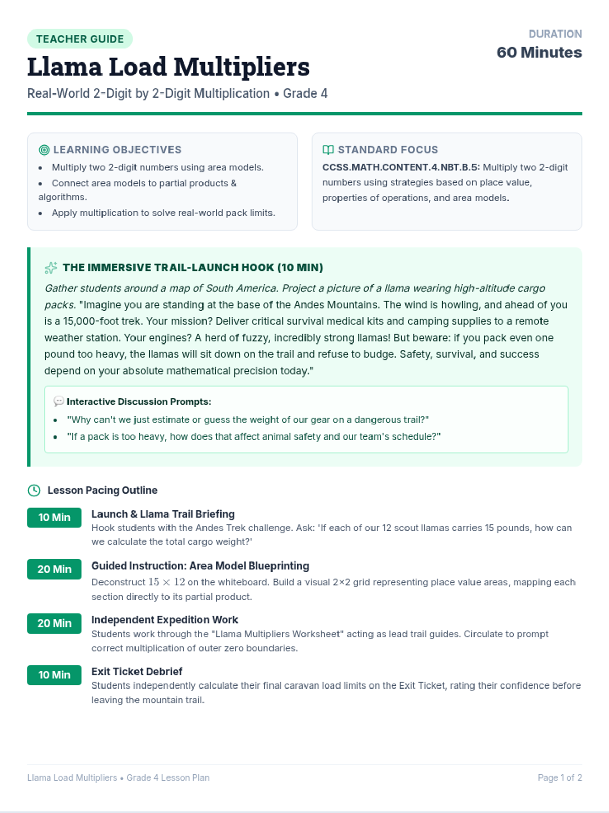 Llama Multipliers Lesson Plan