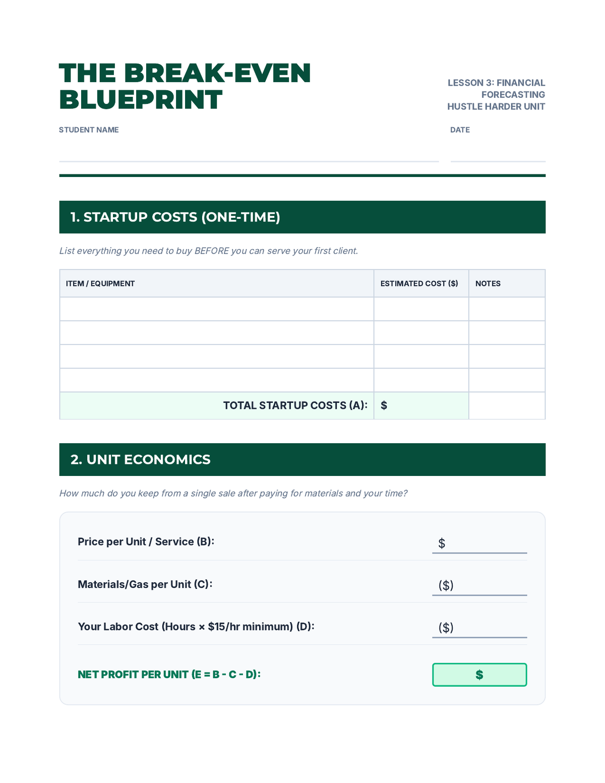 Break-Even Blueprint Worksheet page 1